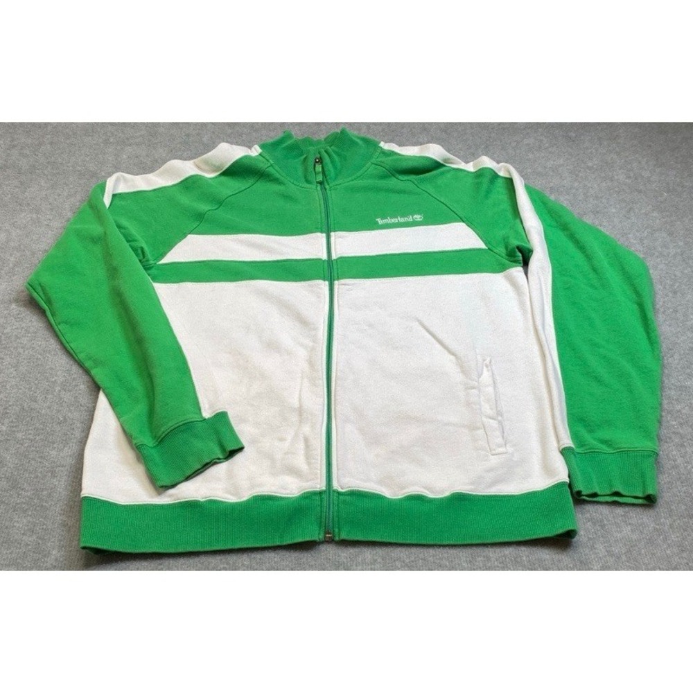 Y2K Timberland Track Jacket Mens XL Green White Colorblock Zip Up 100% Cotton
